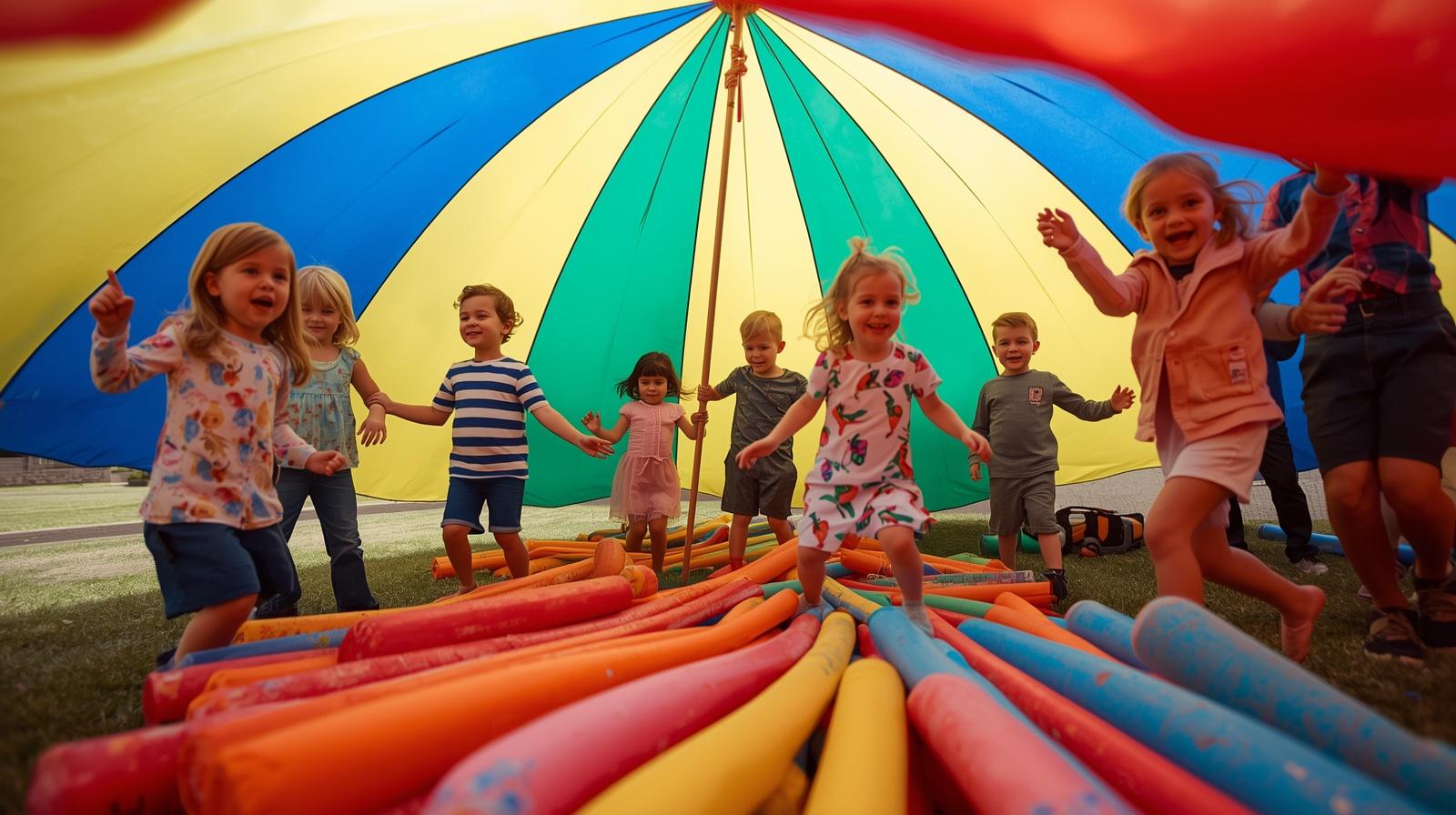 Kids playing with parachute noodles